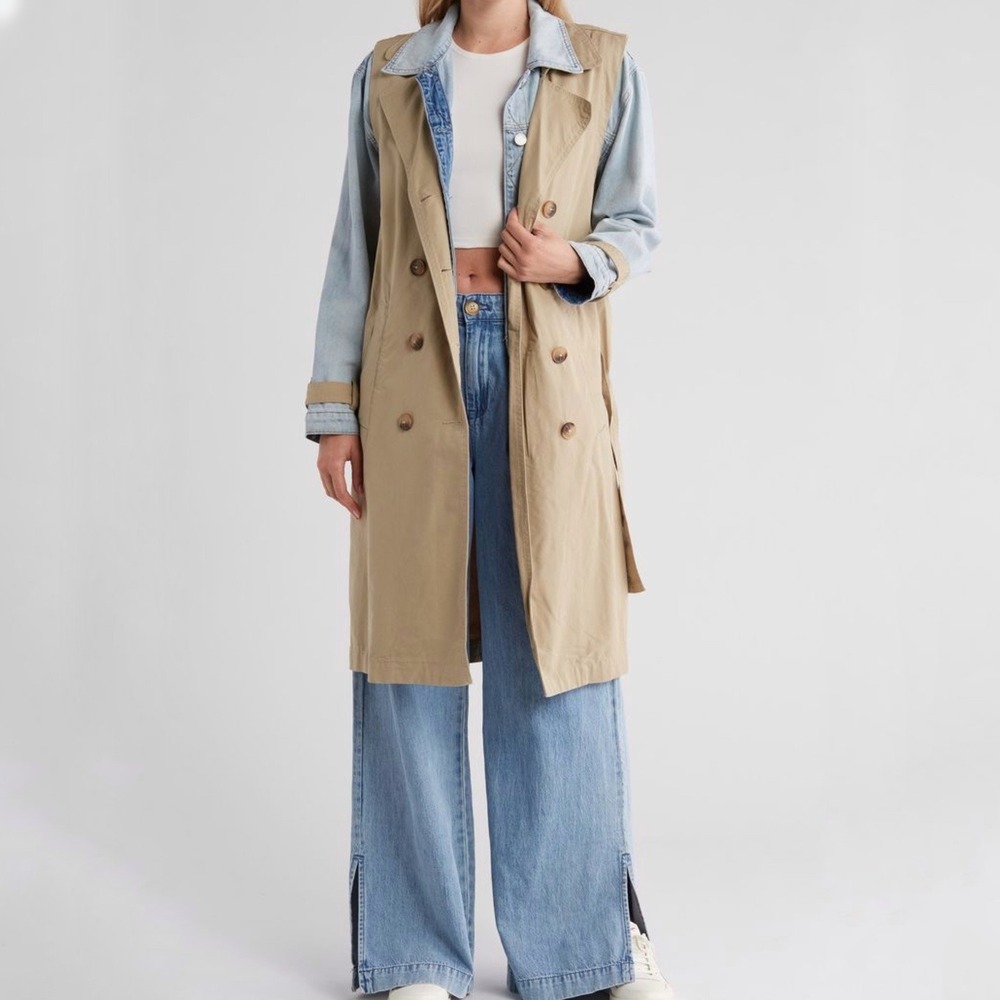 FREE PEOPLE BLANK NYC First Row Twill Denim Trenchโ Coat Beige Blue Size XS